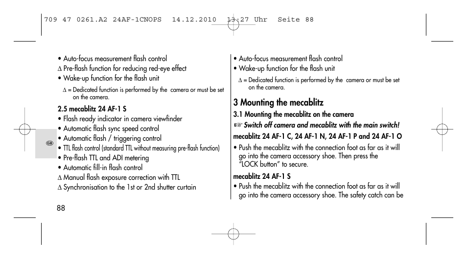3 mounting the mecablitz | Metz MECABLITZ 24 AF-1 C_N_O_P_S digital User Manual | Page 88 / 164