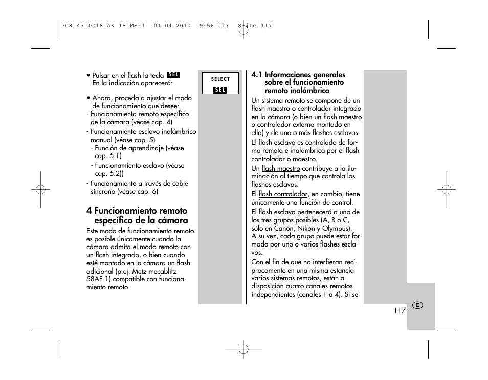 4 funcionamiento remoto específico de la cámara | Metz MECABLITZ 15 MS-1 digital User Manual | Page 117 / 140
