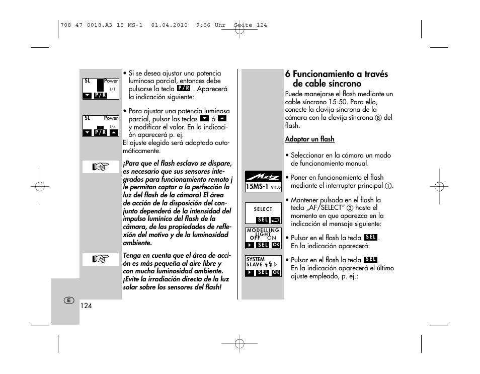 6 funcionamiento a través de cable síncrono | Metz MECABLITZ 15 MS-1 digital User Manual | Page 124 / 140
