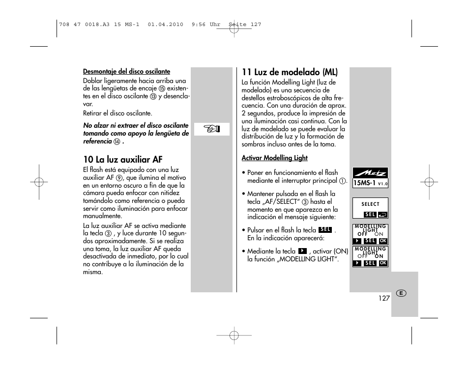 10 la luz auxiliar af, 11 luz de modelado (ml) | Metz MECABLITZ 15 MS-1 digital User Manual | Page 127 / 140