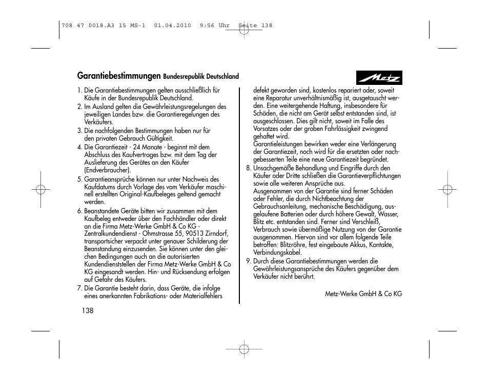 Garantiebestimmungen | Metz MECABLITZ 15 MS-1 digital User Manual | Page 138 / 140