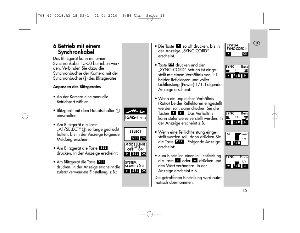 6 betrieb mit einem synchronkabel | Metz MECABLITZ 15 MS-1 digital User Manual | Page 15 / 140