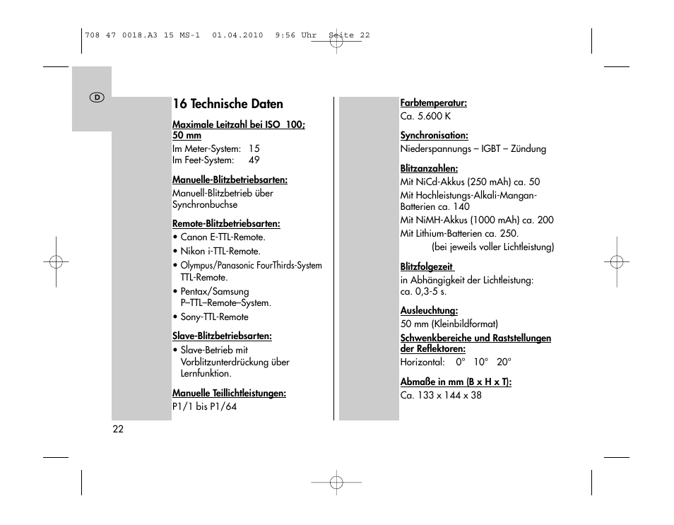 Metz MECABLITZ 15 MS-1 digital User Manual | Page 22 / 140