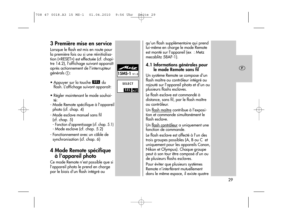 3 première mise en service, 4 mode remote spécifique à l’appareil photo | Metz MECABLITZ 15 MS-1 digital User Manual | Page 29 / 140