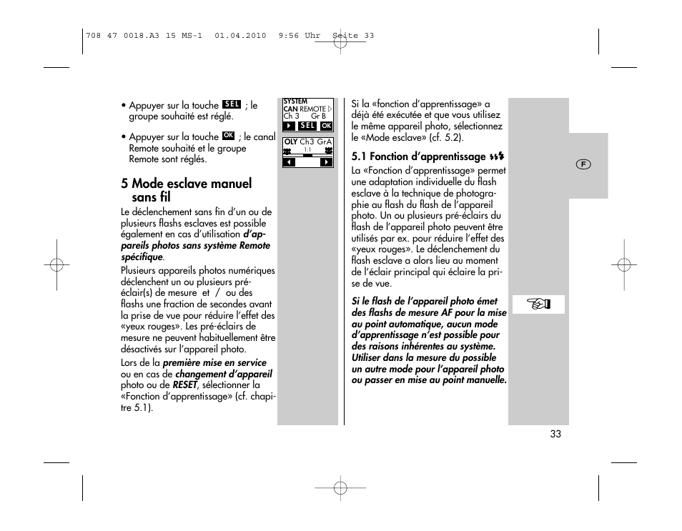 5 mode esclave manuel sans fil | Metz MECABLITZ 15 MS-1 digital User Manual | Page 33 / 140