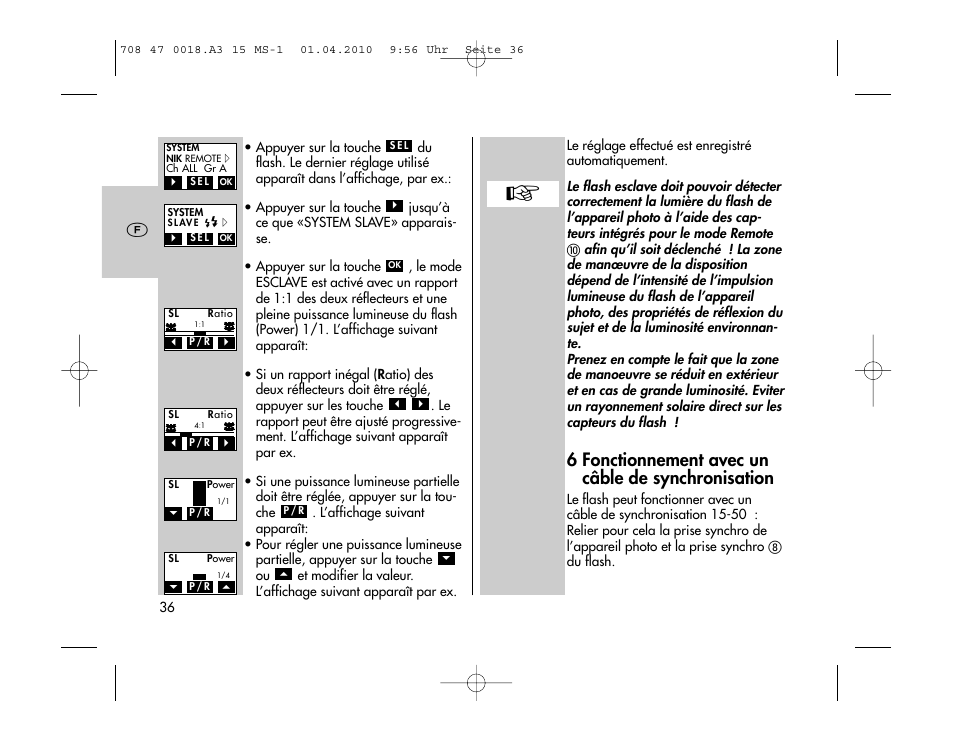 6 fonctionnement avec un câble de synchronisation | Metz MECABLITZ 15 MS-1 digital User Manual | Page 36 / 140