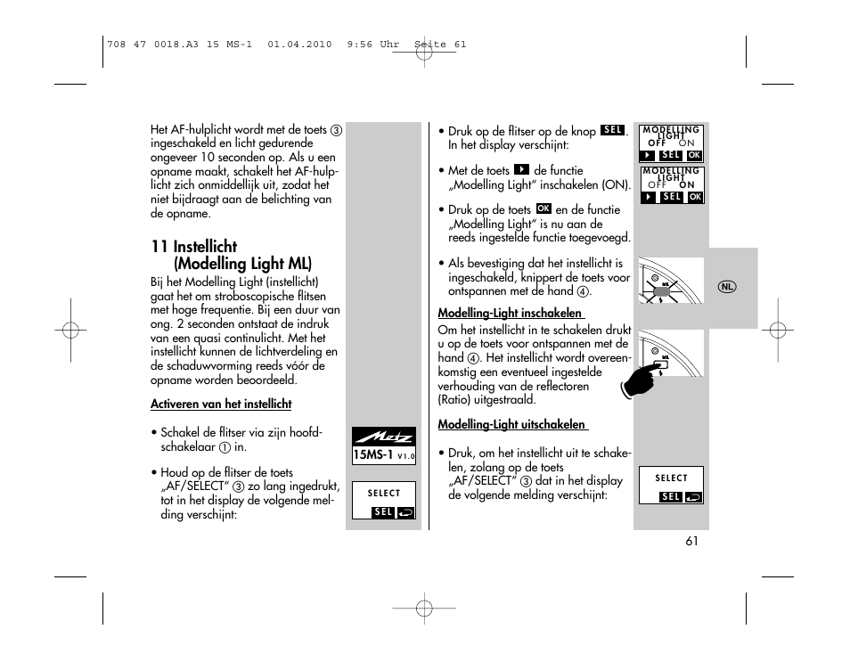 11 instellicht (modelling light ml) | Metz MECABLITZ 15 MS-1 digital User Manual | Page 61 / 140