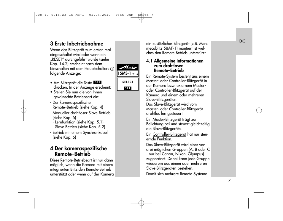 3 erste inbetriebnahme, 4 der kameraspezifische remote–betrieb | Metz MECABLITZ 15 MS-1 digital User Manual | Page 7 / 140