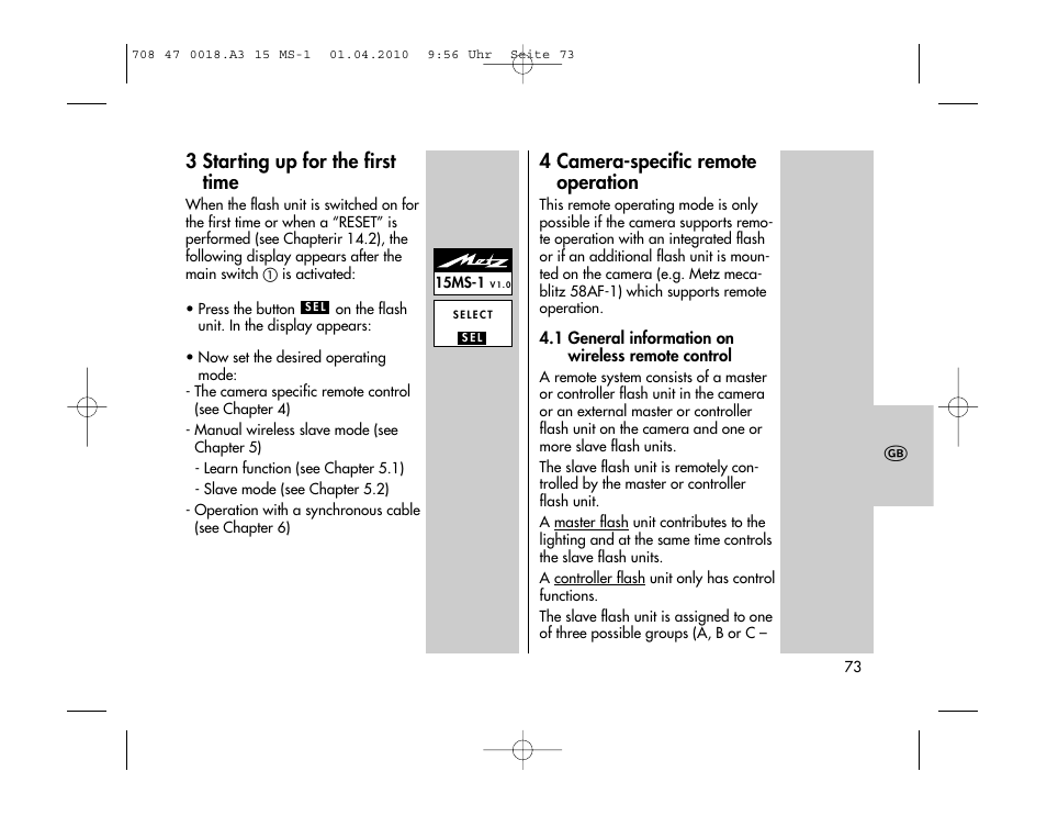 3 starting up for the first time, 4 camera-specific remote operation | Metz MECABLITZ 15 MS-1 digital User Manual | Page 73 / 140