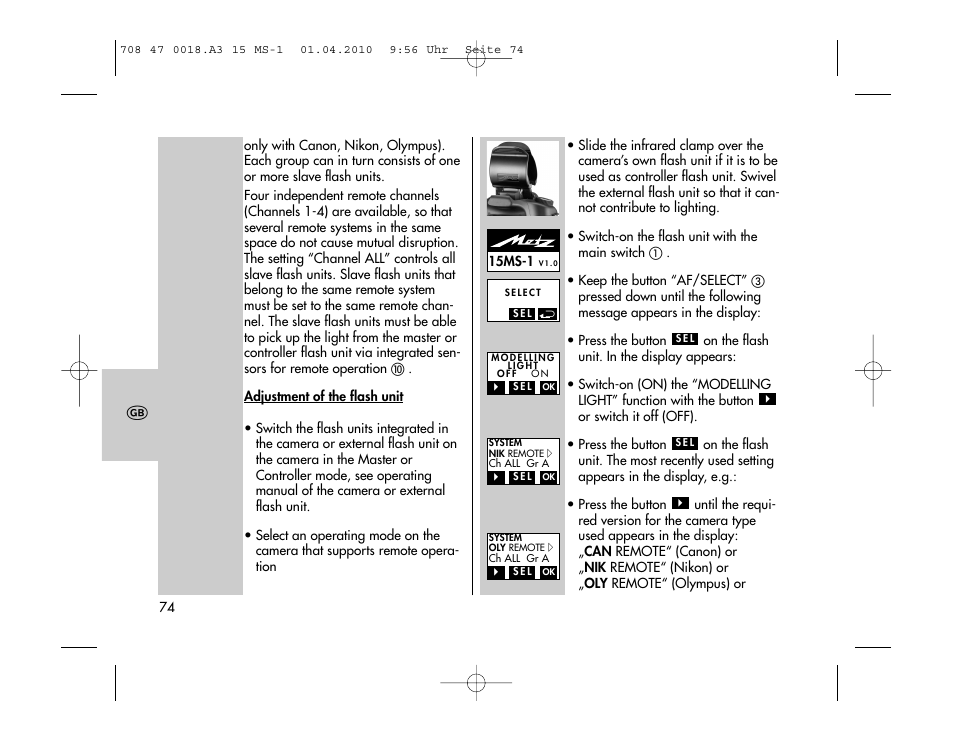 Metz MECABLITZ 15 MS-1 digital User Manual | Page 74 / 140