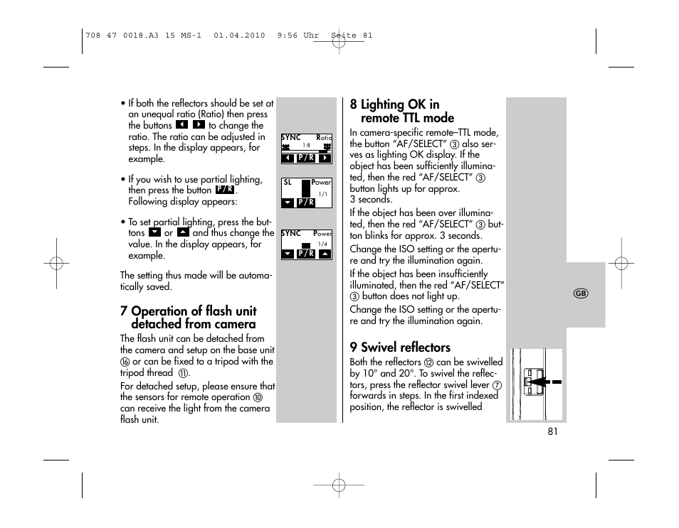 7 operation of flash unit detached from camera, 8 lighting ok in remote ttl mode, 9 swivel reflectors | Metz MECABLITZ 15 MS-1 digital User Manual | Page 81 / 140
