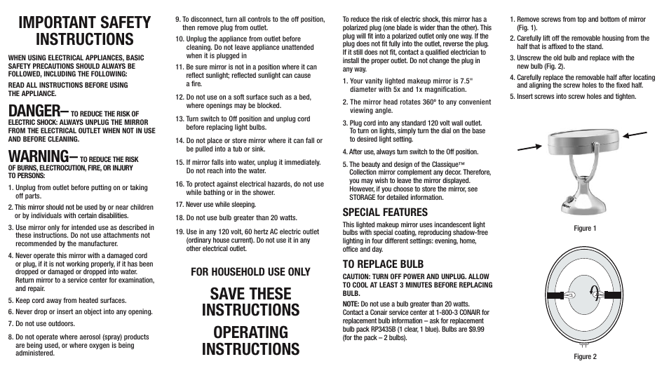 Conair BE18LCX User Manual | 2 pages