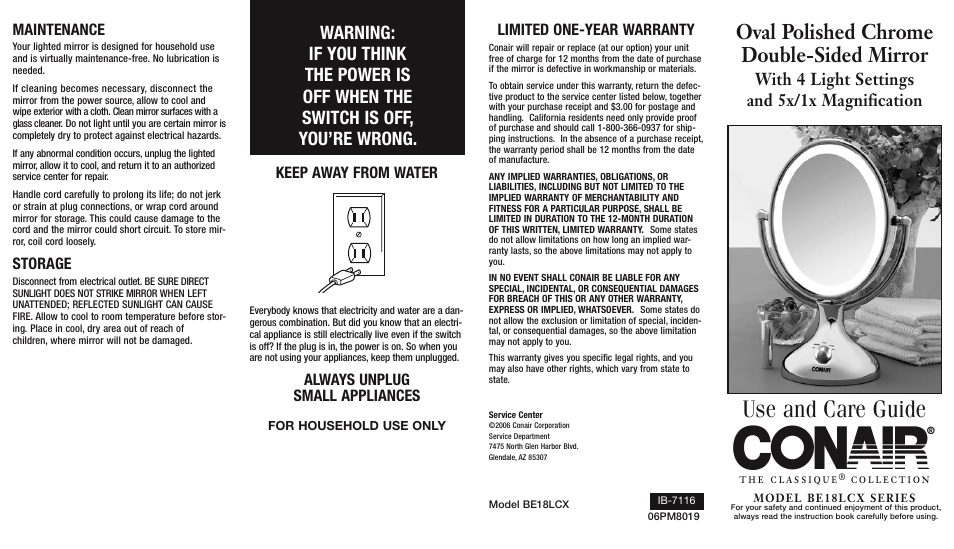 Use and care guide, Oval polished chrome double-sided mirror, With 4 light settings and 5x/1x magnification | Keep away from water, Always unplug small appliances, Maintenance, Storage, Limited one-year warranty | Conair BE18LCX User Manual | Page 2 / 2
