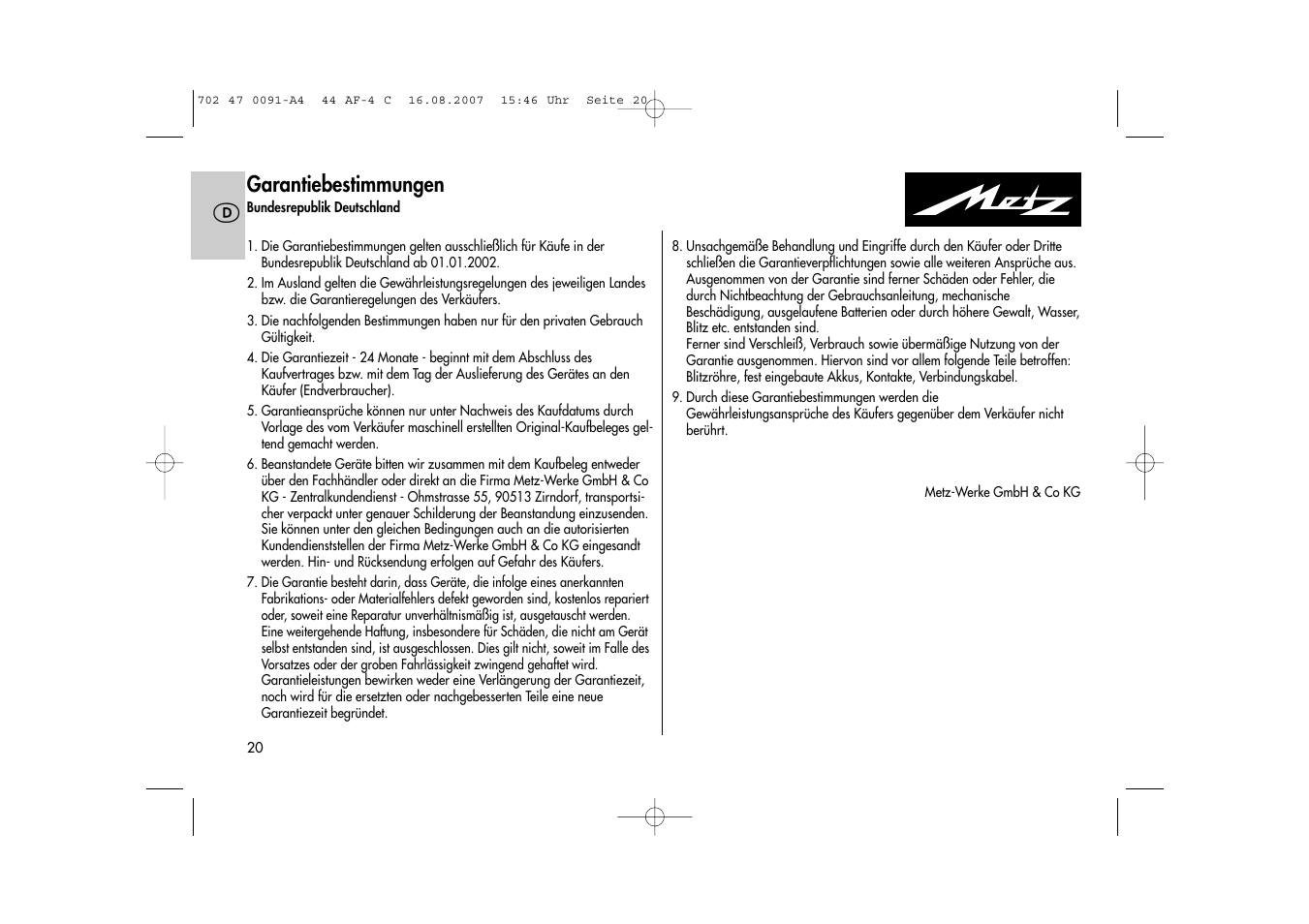 Garantiebestimmungen | Metz MECABLITZ 44 AF-4 Canon User Manual | Page 20 / 120