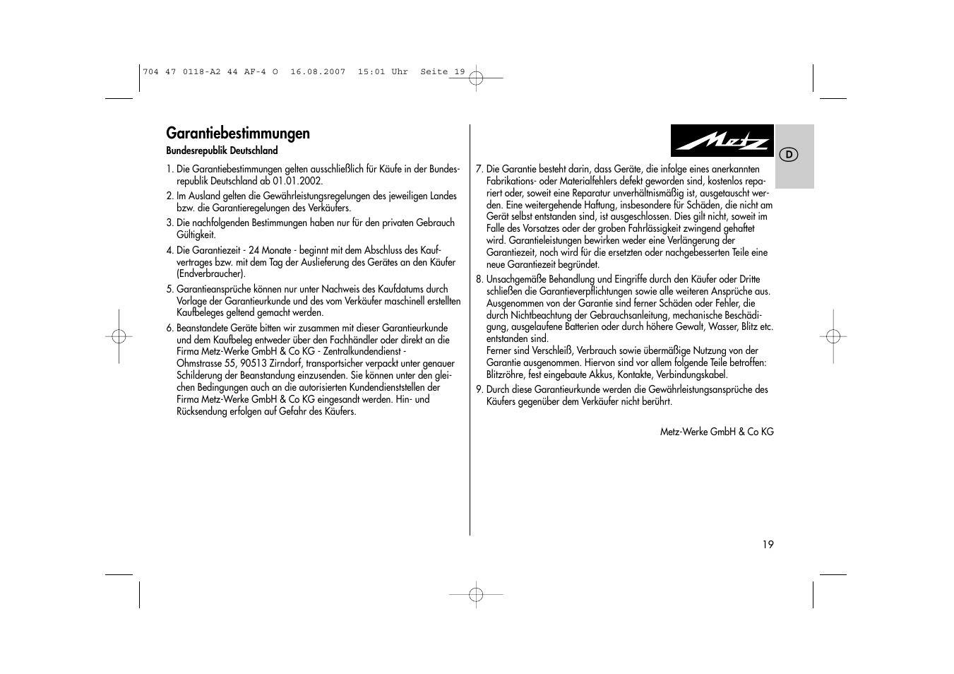 Garantiebestimmungen | Metz MECABLITZ 44 AF-4 Olympus User Manual | Page 19 / 108