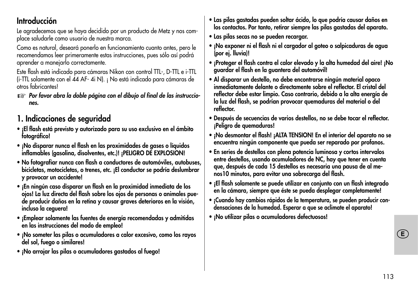 Introducción, Indicaciones de seguridad | Metz MECABLITZ 44 AF-4 /4i Nikon User Manual | Page 113 / 142