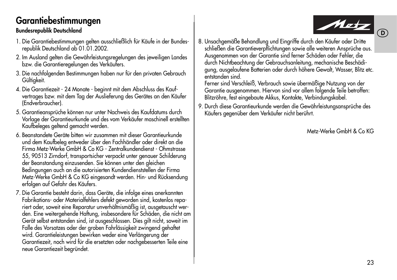 Garantiebestimmungen | Metz MECABLITZ 44 AF-4 /4i Nikon User Manual | Page 23 / 142