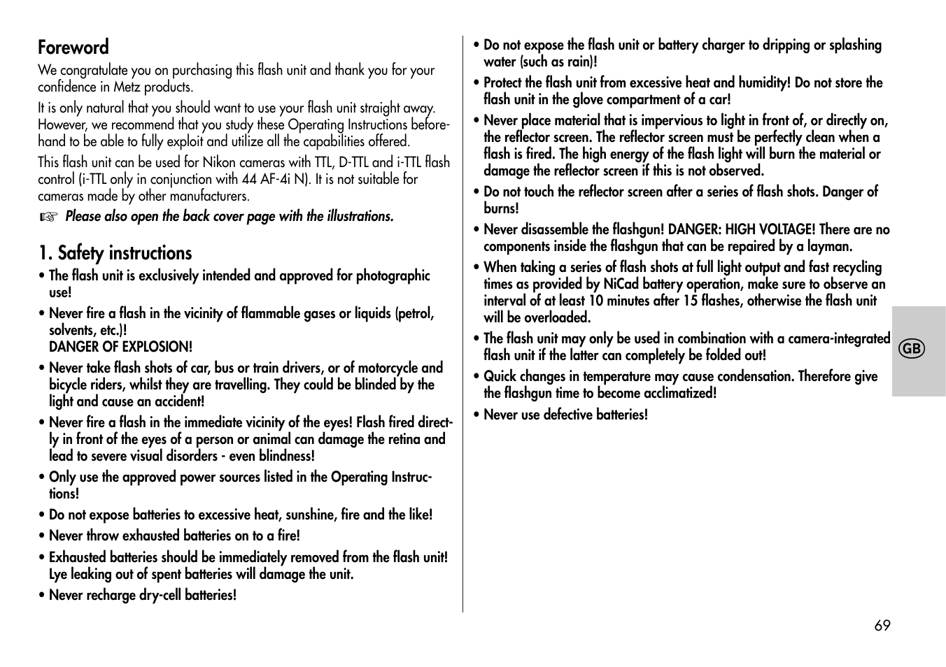 Foreword, Safety instructions | Metz MECABLITZ 44 AF-4 /4i Nikon User Manual | Page 69 / 142