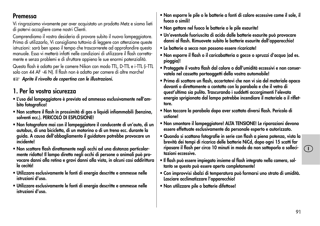 Premessa, Per la vostra sicurezza | Metz MECABLITZ 44 AF-4 /4i Nikon User Manual | Page 91 / 142