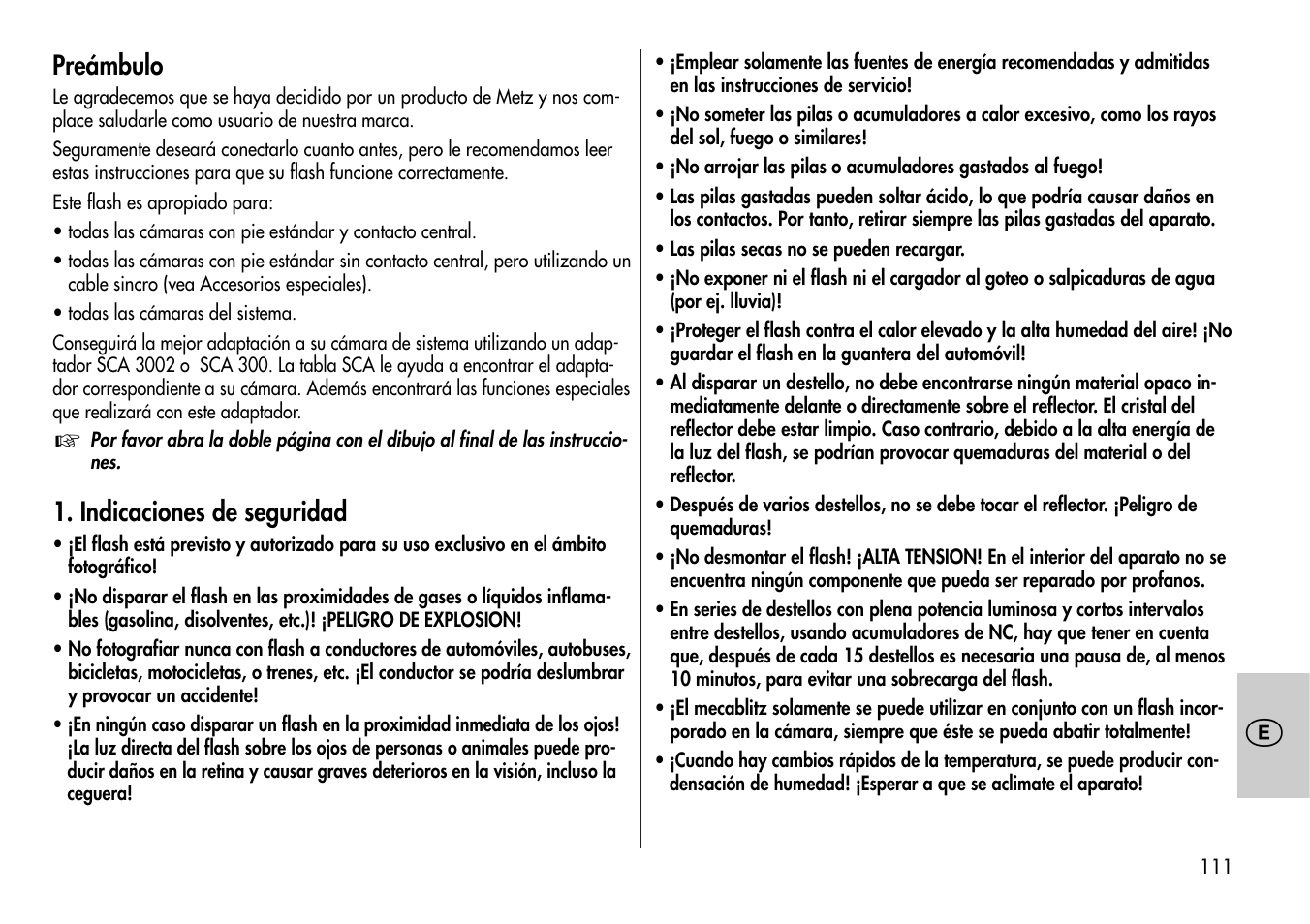 Preámbulo, Indicaciones de seguridad | Metz Mecablitz 44 MZ-2 User Manual | Page 111 / 139