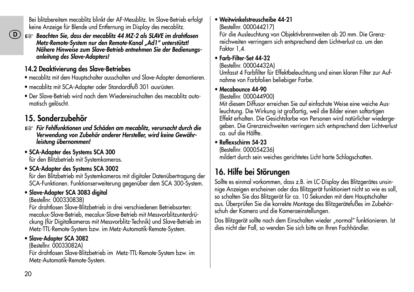 Metz Mecablitz 44 MZ-2 User Manual | Page 20 / 139