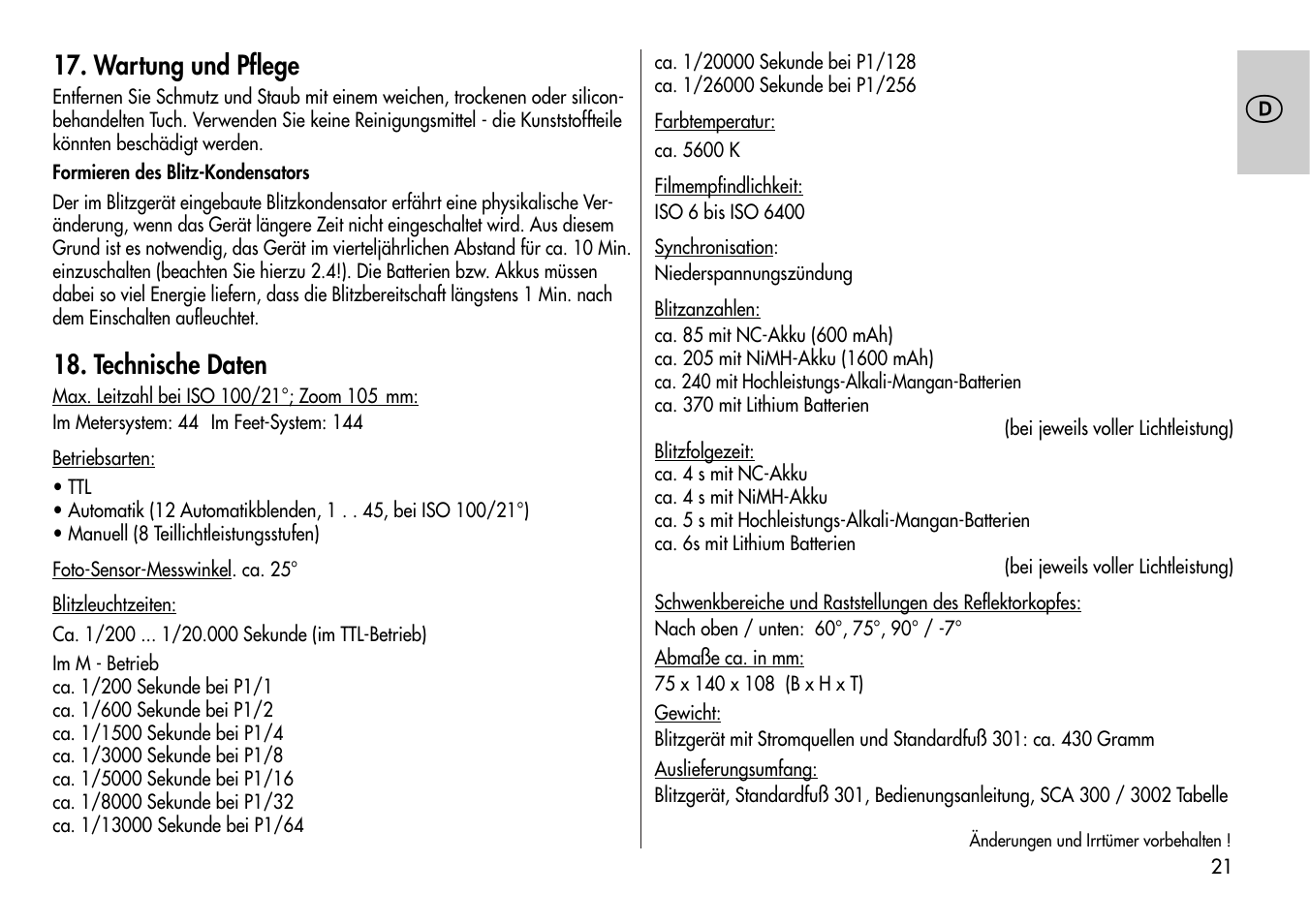 Metz Mecablitz 44 MZ-2 User Manual | Page 21 / 139