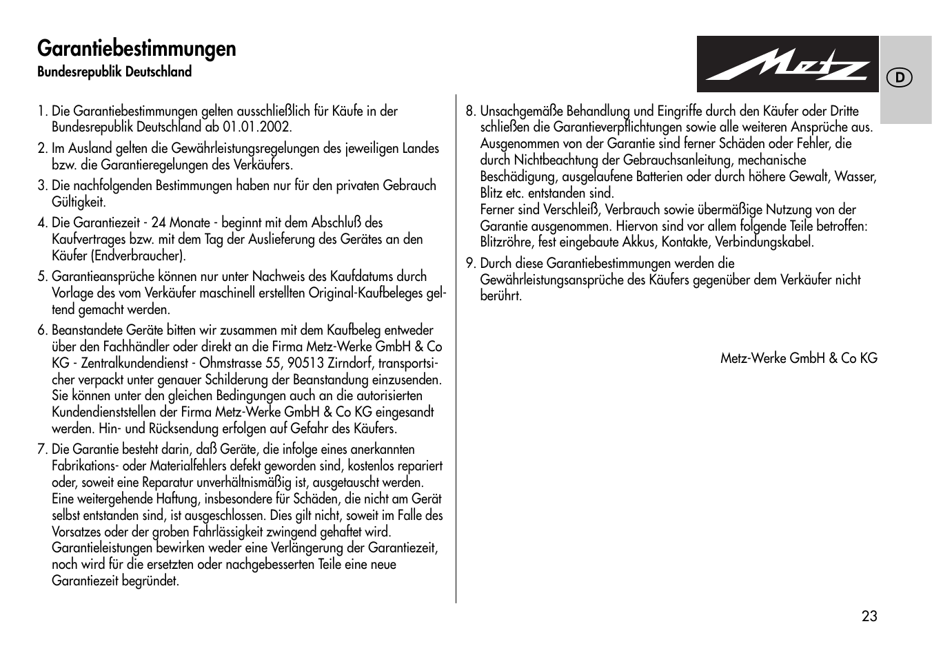 Garantiebestimmungen | Metz Mecablitz 44 MZ-2 User Manual | Page 23 / 139