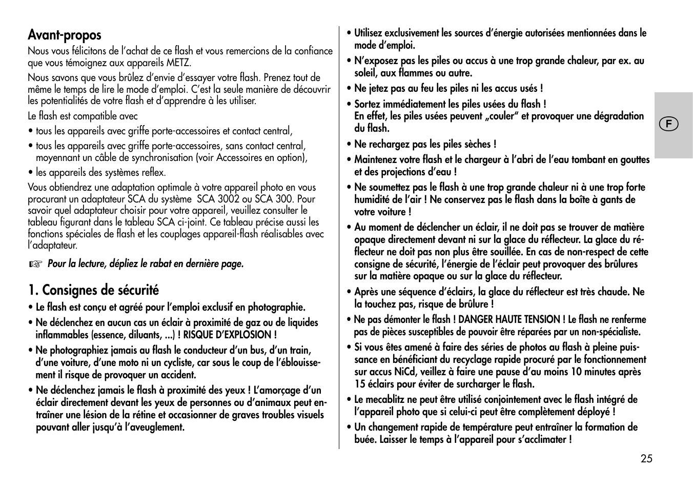 Avant-propos, Consignes de sécurité | Metz Mecablitz 44 MZ-2 User Manual | Page 25 / 139