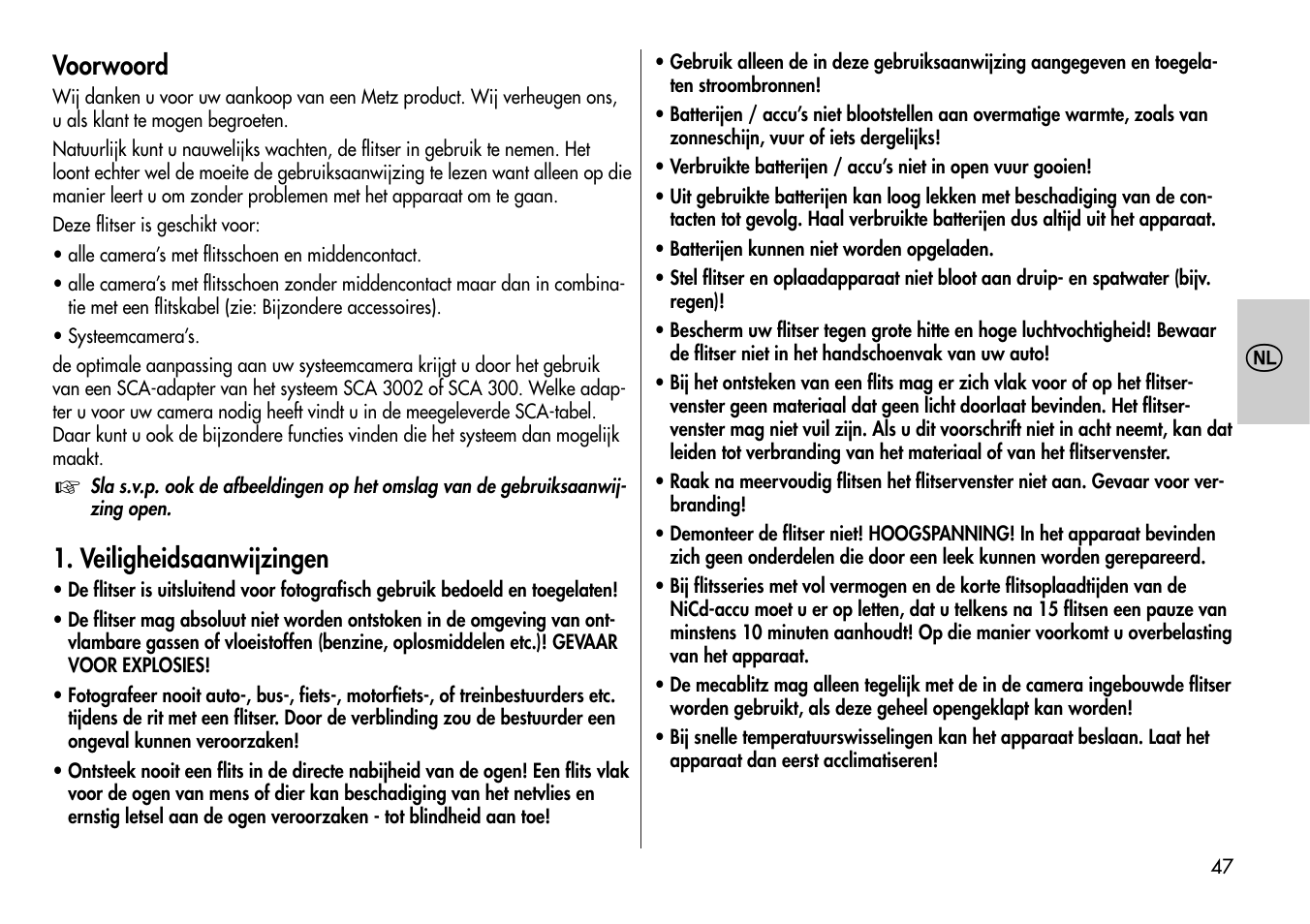Voorwoord, Veiligheidsaanwijzingen | Metz Mecablitz 44 MZ-2 User Manual | Page 47 / 139