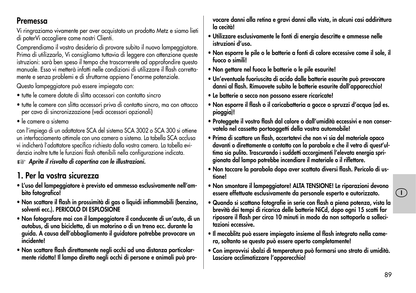 Premessa, Per la vostra sicurezza | Metz Mecablitz 44 MZ-2 User Manual | Page 89 / 139