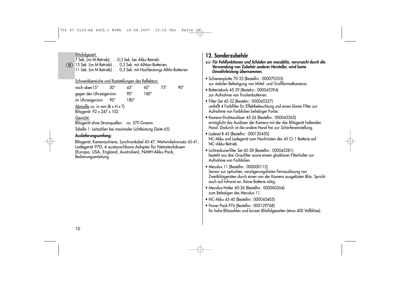 Metz MECABLITZ 45 CL-1 NiMH User Manual | Page 10 / 70