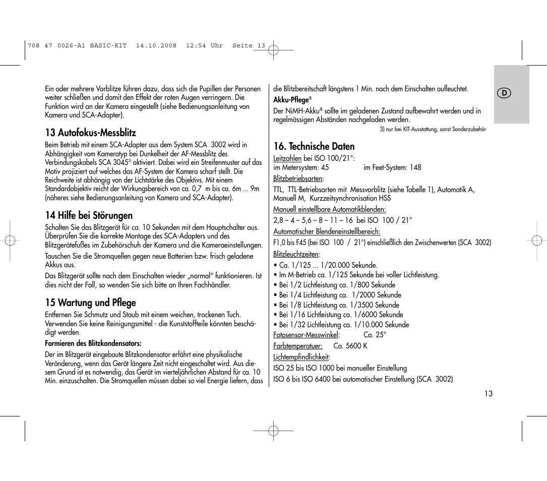 13 autofokus-messblitz, 14 hilfe bei störungen, 15 wartung und pflege | Technische daten | Metz MECABLITZ 45 CL-4 digital BASIC_KIT User Manual | Page 13 / 104