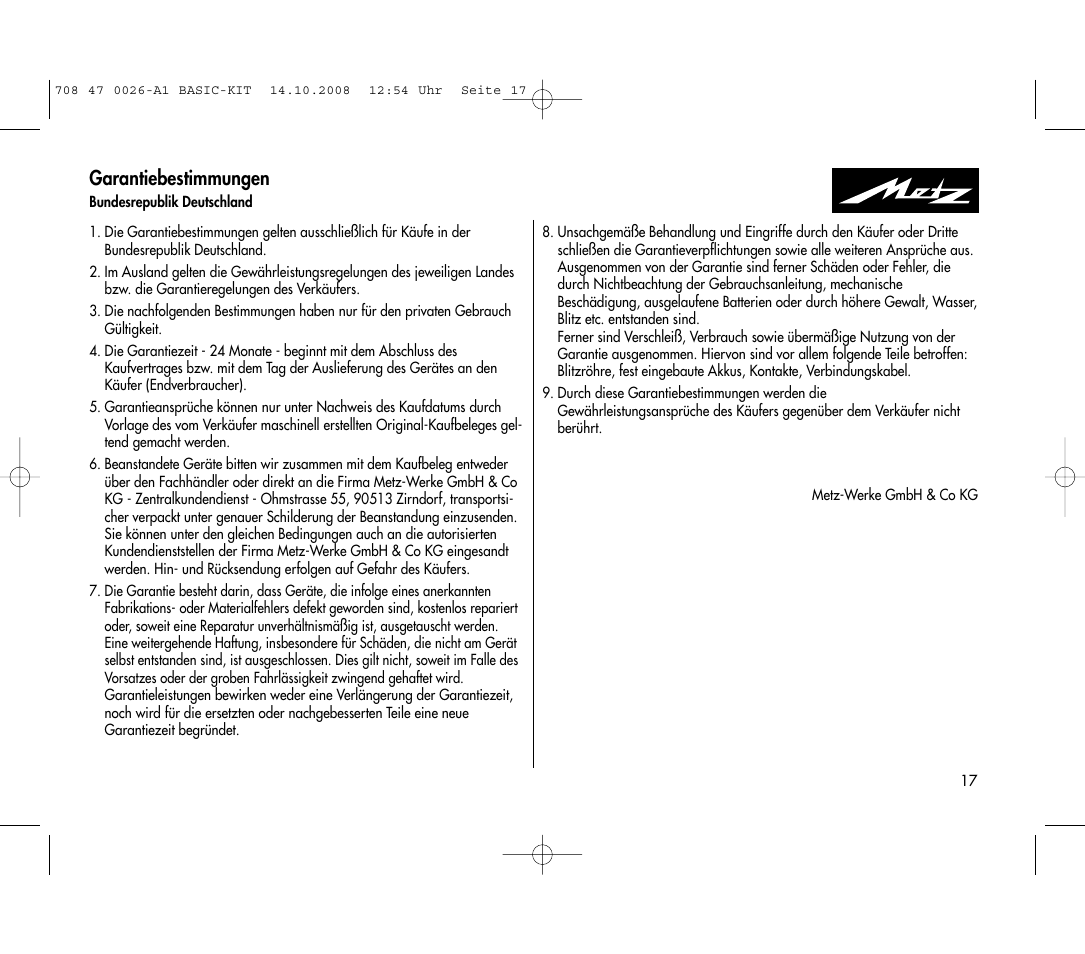 Garantiebestimmungen | Metz MECABLITZ 45 CL-4 digital BASIC_KIT User Manual | Page 17 / 104