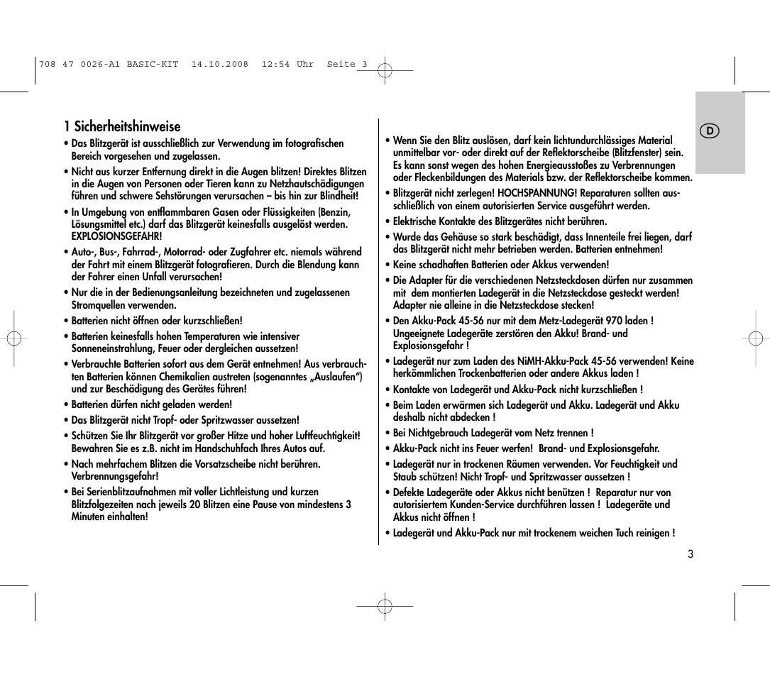1 sicherheitshinweise | Metz MECABLITZ 45 CL-4 digital BASIC_KIT User Manual | Page 3 / 104