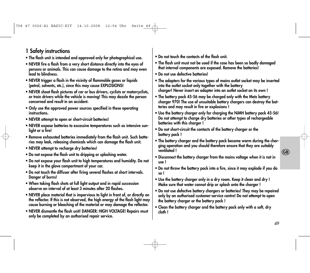 1 safety instructions | Metz MECABLITZ 45 CL-4 digital BASIC_KIT User Manual | Page 49 / 104