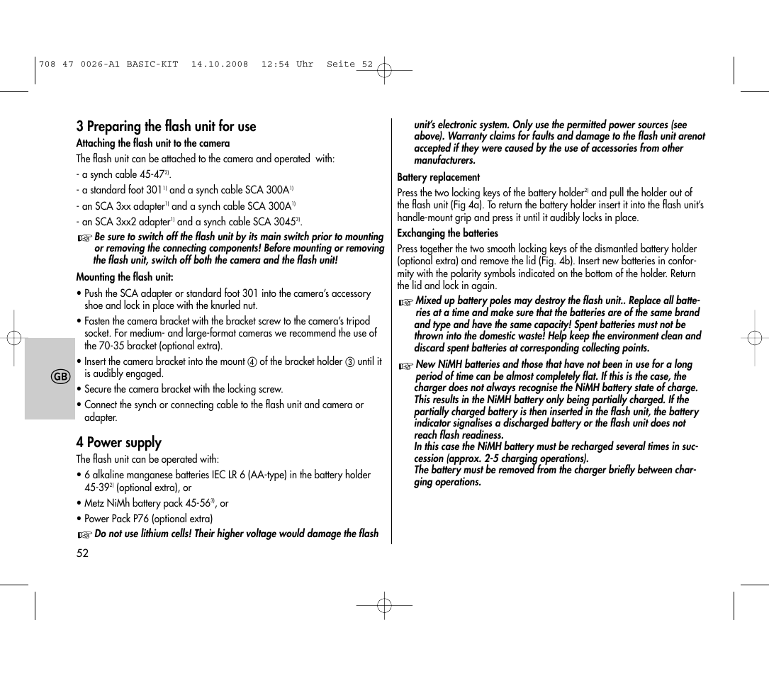 3 preparing the flash unit for use, 4 power supply | Metz MECABLITZ 45 CL-4 digital BASIC_KIT User Manual | Page 52 / 104