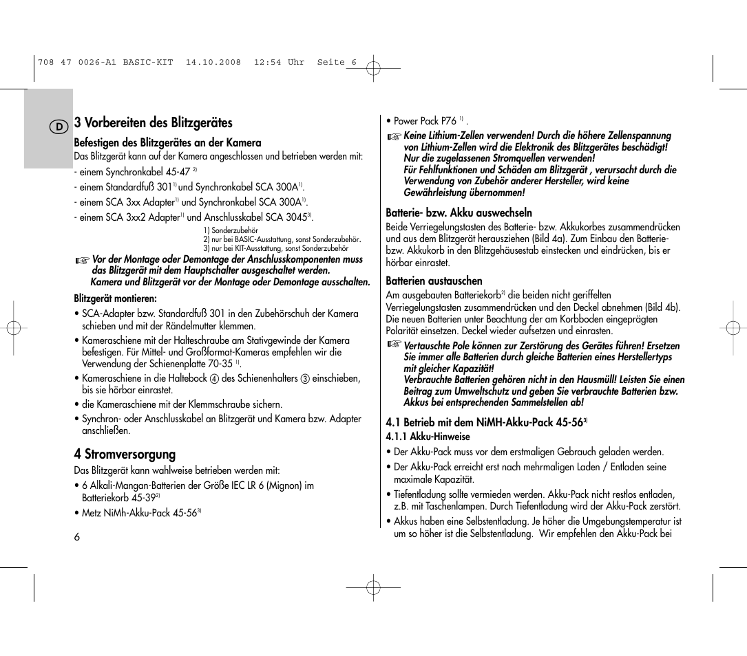 3 vorbereiten des blitzgerätes, 4 stromversorgung | Metz MECABLITZ 45 CL-4 digital BASIC_KIT User Manual | Page 6 / 104