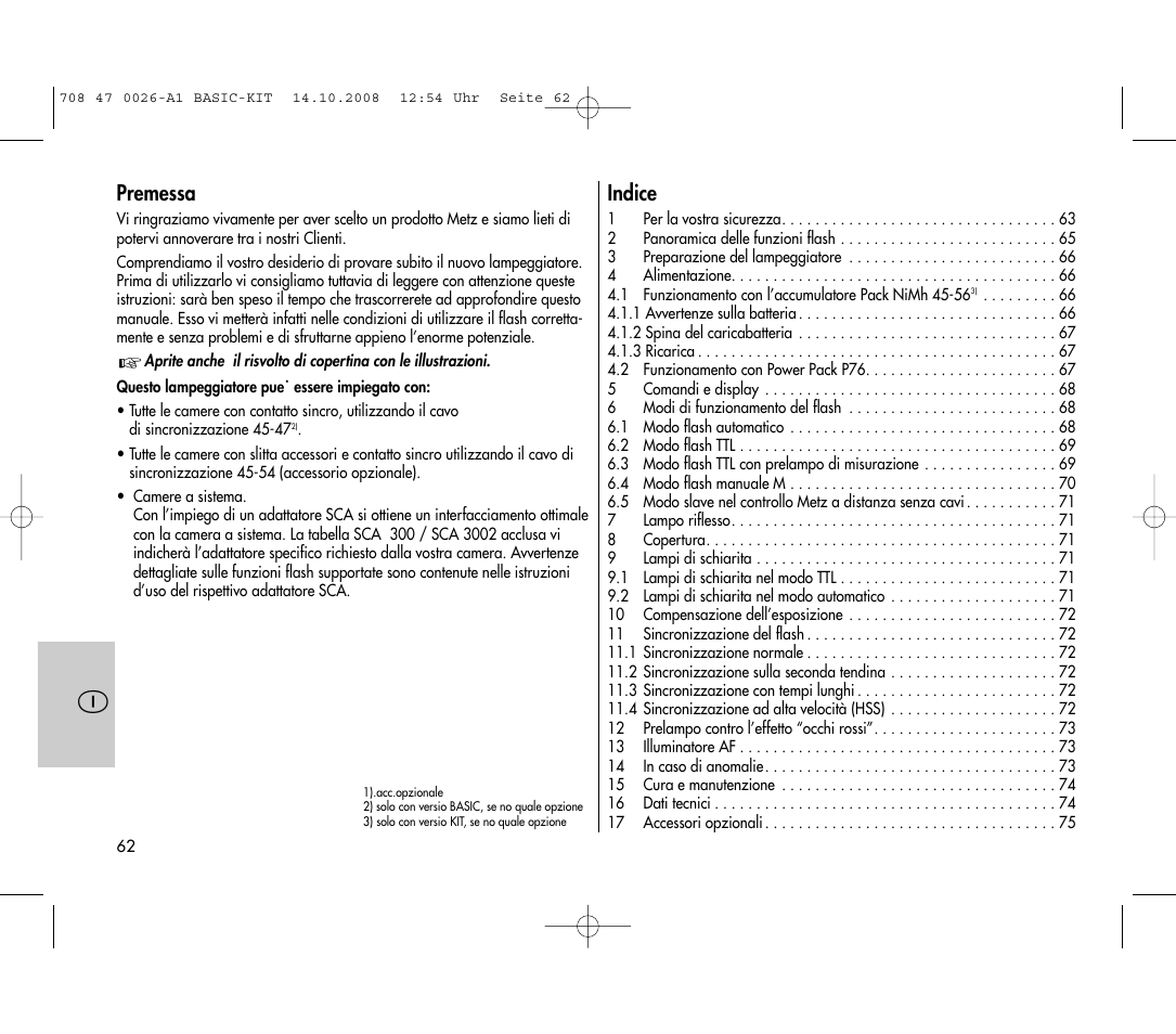Premessa, Indice | Metz MECABLITZ 45 CL-4 digital BASIC_KIT User Manual | Page 62 / 104