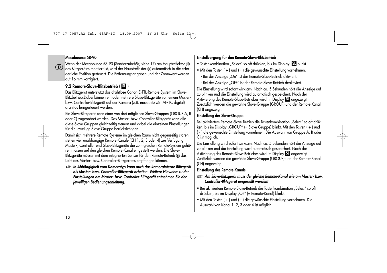 Metz MECABLITZ 48 AF-1 digital Canon User Manual | Page 12 / 136