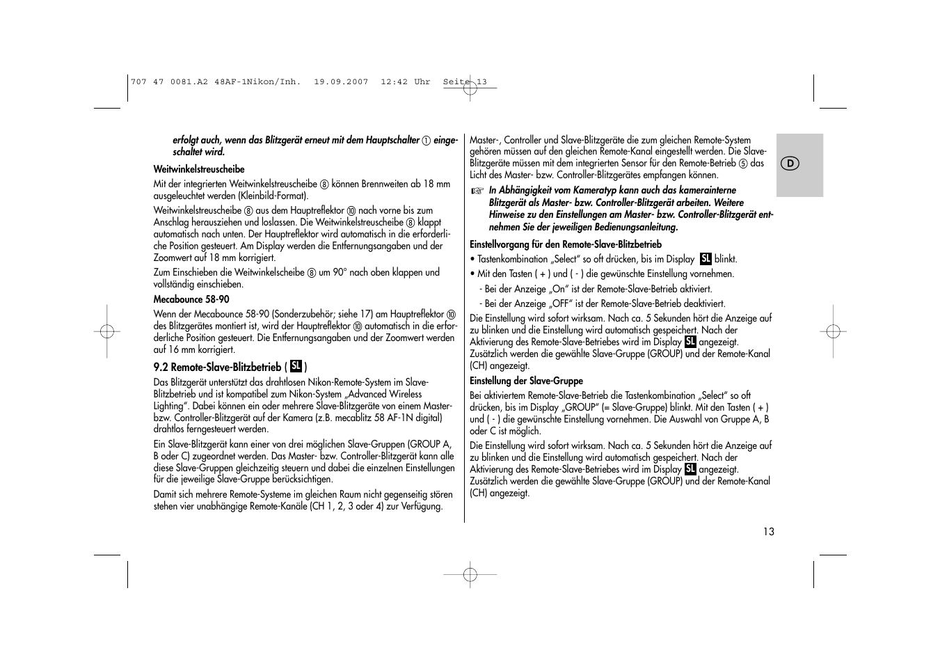 Metz MECABLITZ 48 AF-1 digital Nikon User Manual | Page 13 / 139