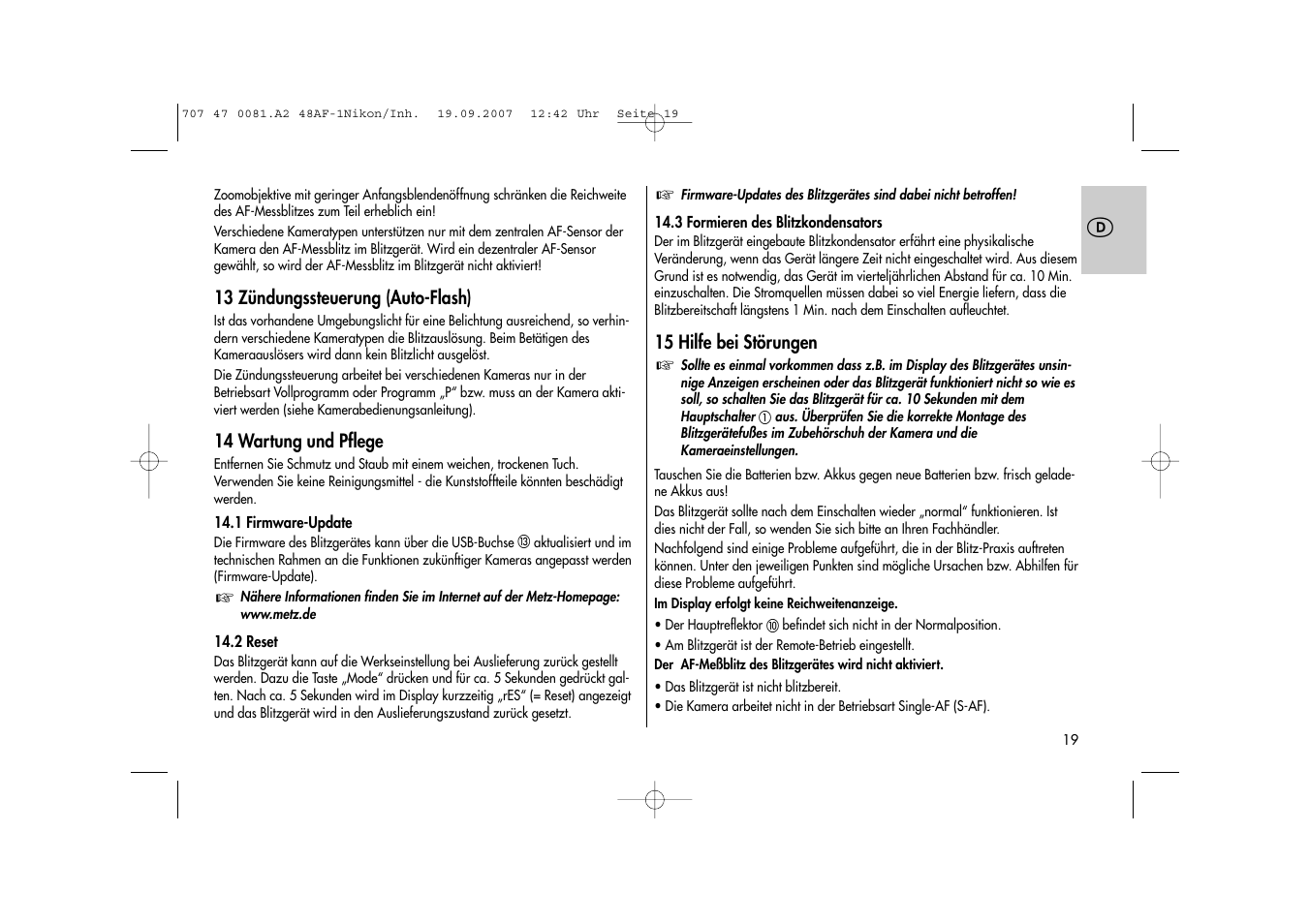 Metz MECABLITZ 48 AF-1 digital Nikon User Manual | Page 19 / 139