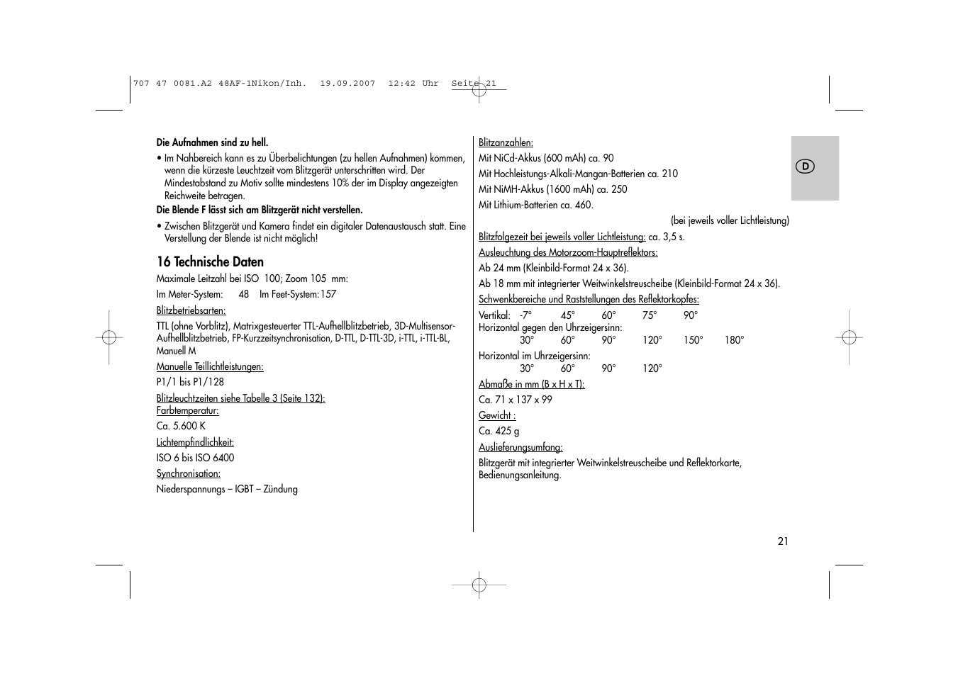 Metz MECABLITZ 48 AF-1 digital Nikon User Manual | Page 21 / 139