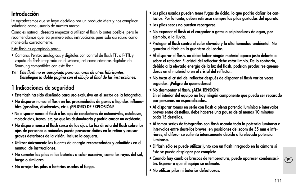 Introducción, 1 indicaciones de seguridad | Metz MECABLITZ 48 AF-1 digital Pentax User Manual | Page 111 / 140