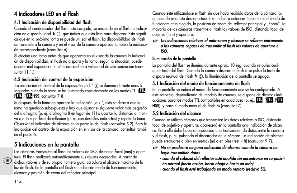 4 indicadores led en el flash, 5 indicaciones en la pantalla | Metz MECABLITZ 48 AF-1 digital Pentax User Manual | Page 114 / 140