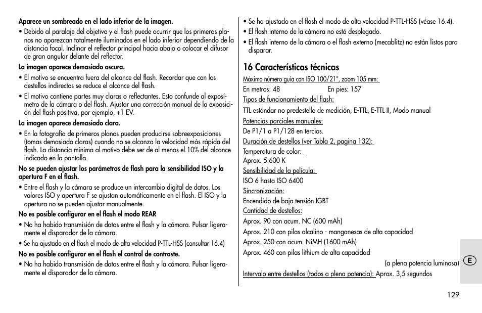 16 características técnicas | Metz MECABLITZ 48 AF-1 digital Pentax User Manual | Page 129 / 140