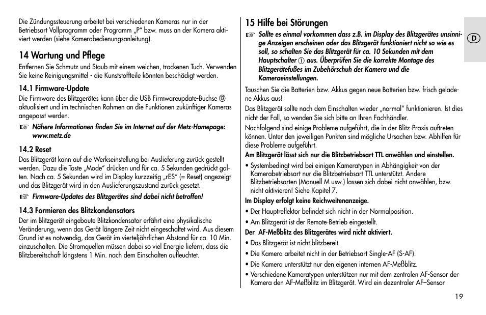 Metz MECABLITZ 48 AF-1 digital Pentax User Manual | Page 19 / 140