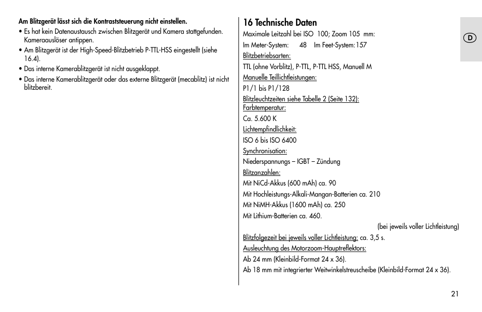 Metz MECABLITZ 48 AF-1 digital Pentax User Manual | Page 21 / 140