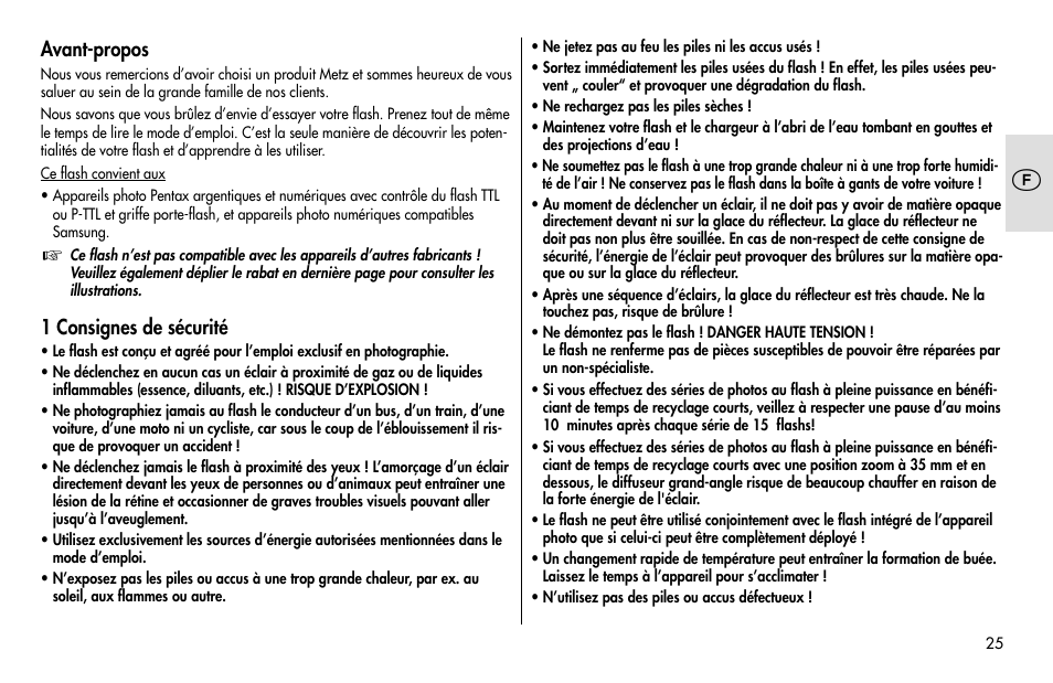 Avant-propos, 1 consignes de sécurité | Metz MECABLITZ 48 AF-1 digital Pentax User Manual | Page 25 / 140