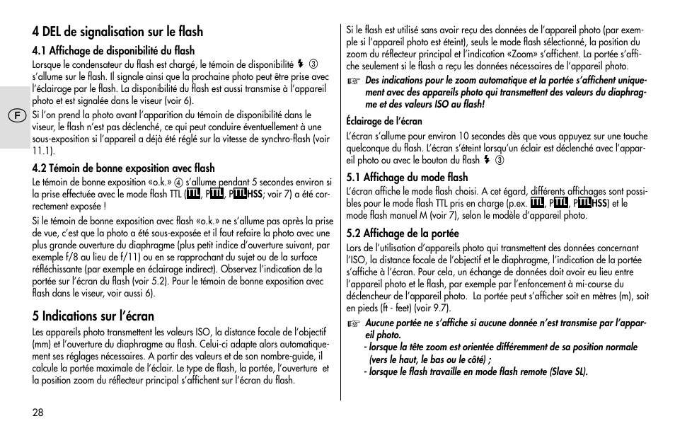4 del de signalisation sur le flash, 5 indications sur l’écran | Metz MECABLITZ 48 AF-1 digital Pentax User Manual | Page 28 / 140