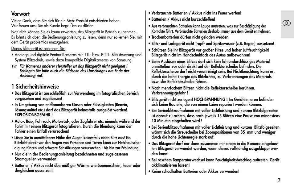 Vorwort, 1 sicherheitshinweise | Metz MECABLITZ 48 AF-1 digital Pentax User Manual | Page 3 / 140